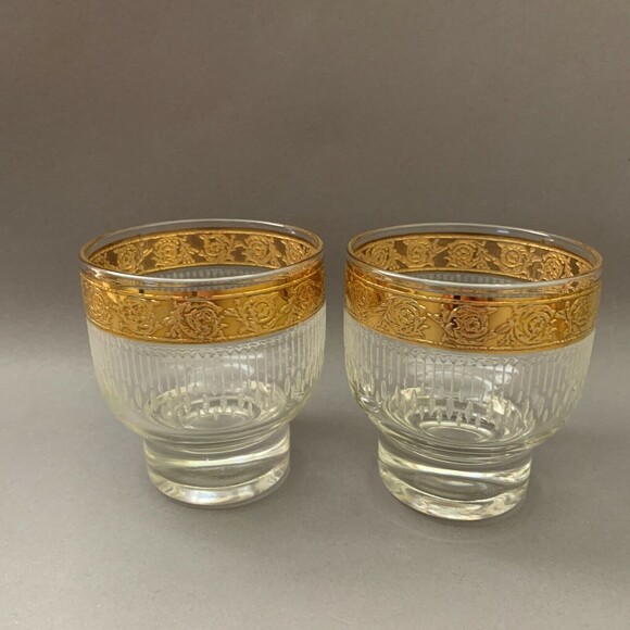 Wine Sherbert Short Glass Glasses Gold Trim Roses 3 5/8" High Lot of 2 - Picture 1 of 5